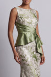 Light Green Floral Long Mermaid Ruched Mother of the Bride Dress with Sash
