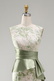 Light Green Floral Long Mermaid Ruched Mother of the Bride Dress with Sash