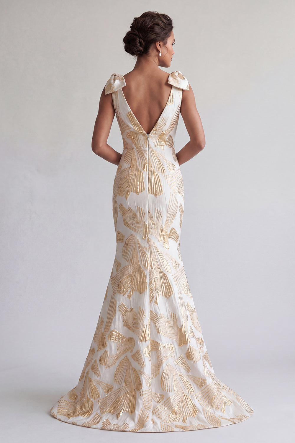 Zapakasa Women Sparkly Champagne Floral Long Mother of the Bride Dress with  Bows V-Neck Mermaid Wedding Guest Dress