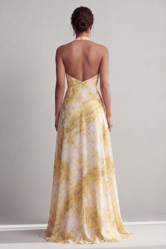Halter A Line Long Butter Yellow Floral Printed Mother of the Bride Dress with Slit