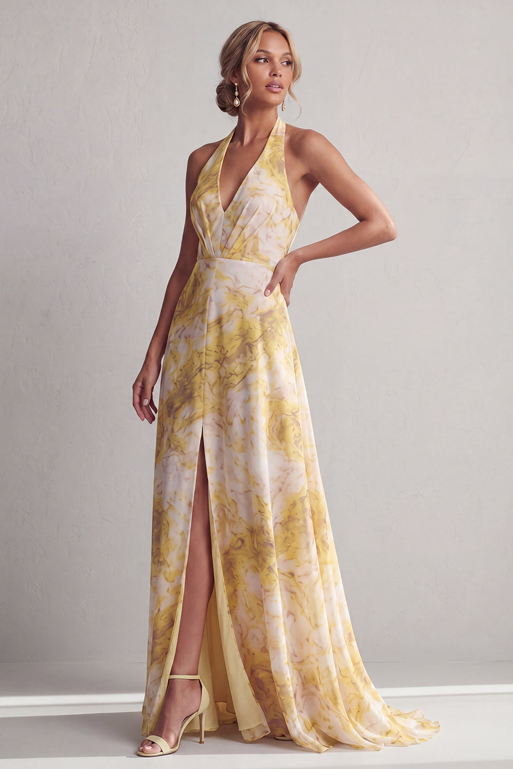 Halter A Line Long Butter Yellow Floral Printed Mother of the Bride Dress with Slit