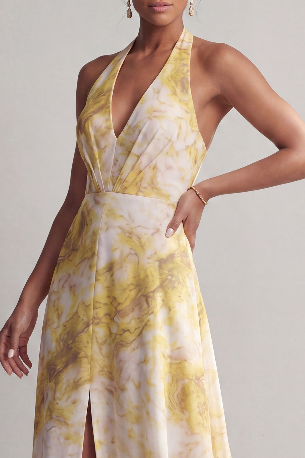 Halter A Line Long Butter Yellow Floral Printed Mother of the Bride Dress with Slit