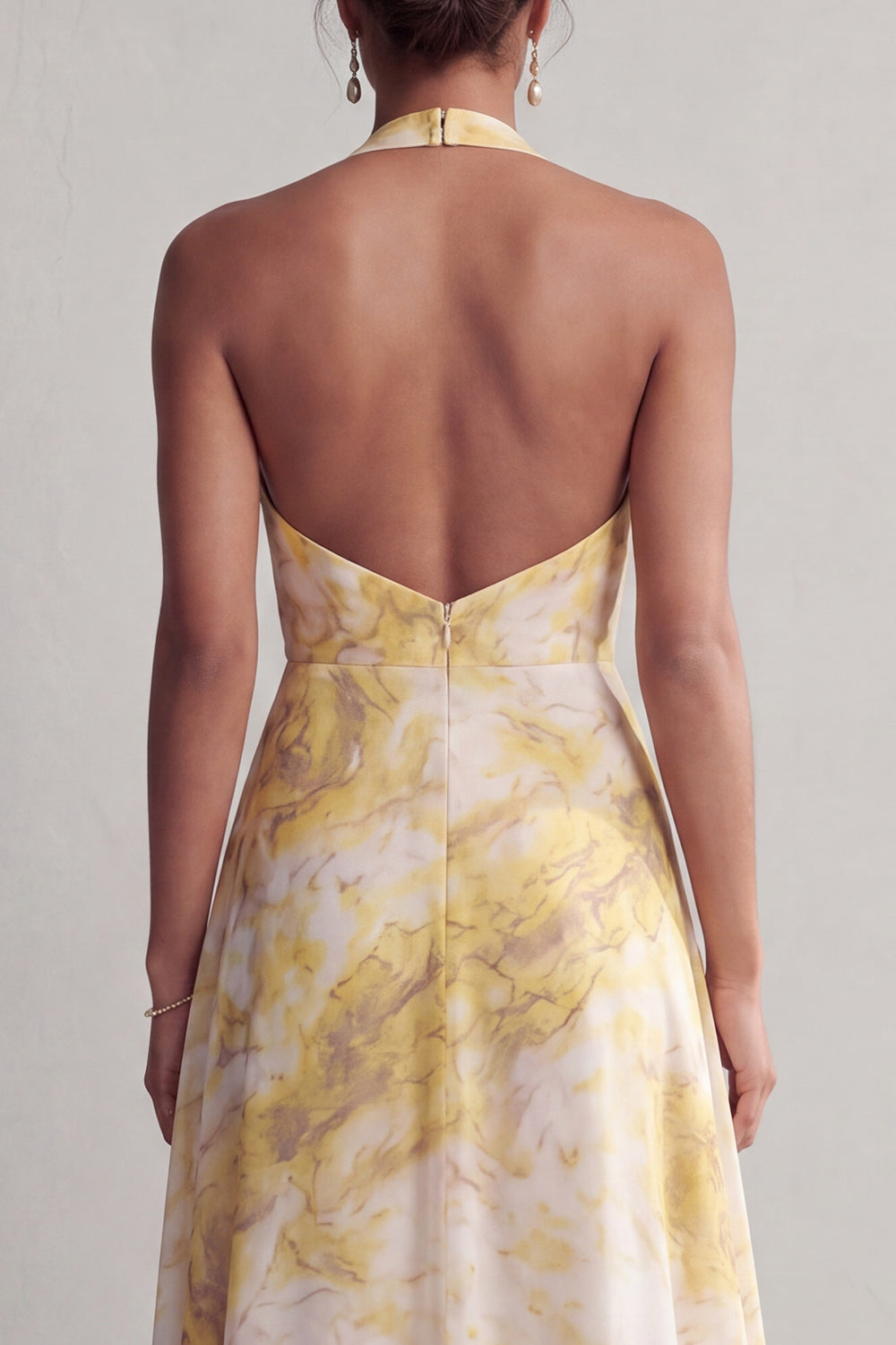 Halter A Line Long Butter Yellow Floral Printed Mother of the Bride Dress with Slit