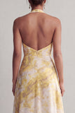 Halter A Line Long Butter Yellow Floral Printed Mother of the Bride Dress with Slit