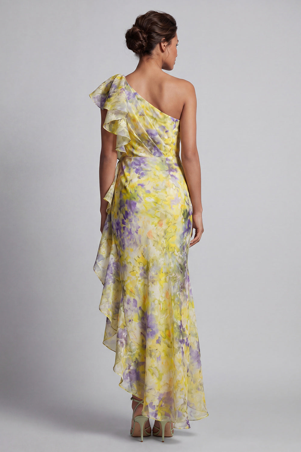 Butter Yellow Floral Mermaid Long Printed Mother of the Bride Dress with Ruffles