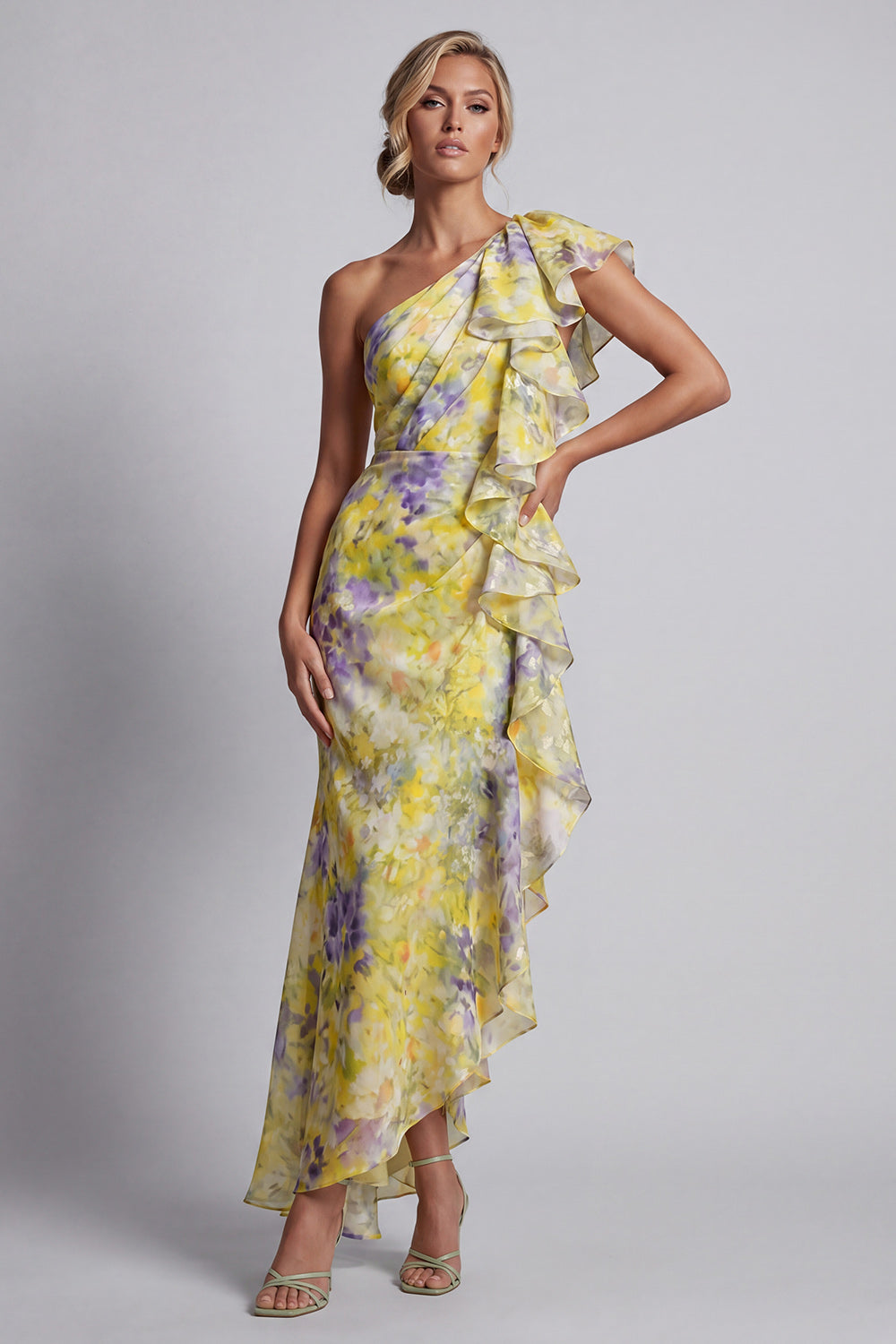 Butter Yellow Floral Mermaid Long Printed Mother of the Bride Dress with Ruffles