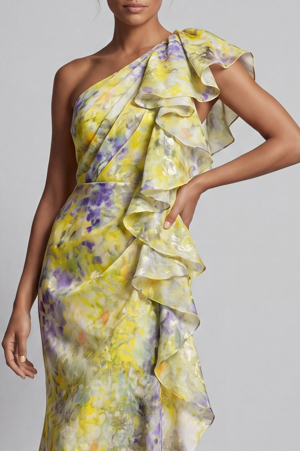 Butter Yellow Floral Mermaid Long Printed Mother of the Bride Dress with Ruffles
