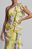 Butter Yellow Floral Mermaid Long Printed Mother of the Bride Dress with Ruffles