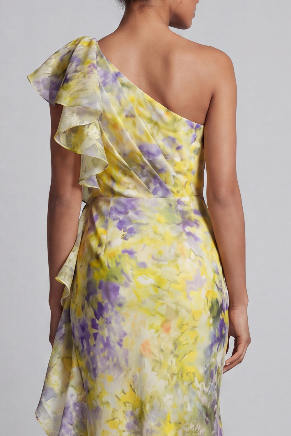 Butter Yellow Floral Mermaid Long Printed Mother of the Bride Dress with Ruffles