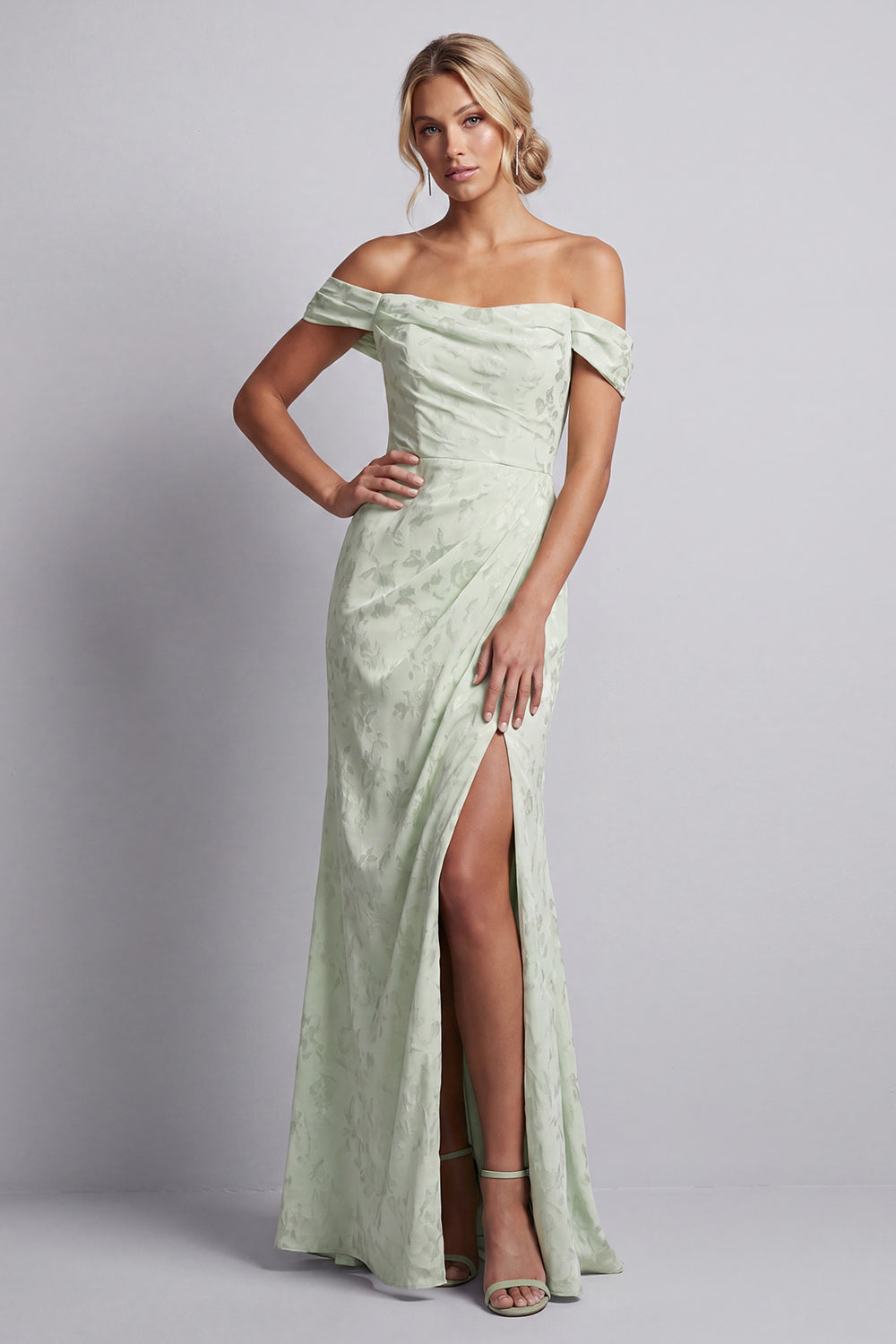 Ruched Long Mermaid Light Green Floral Mother of the Bride Dress with Slit