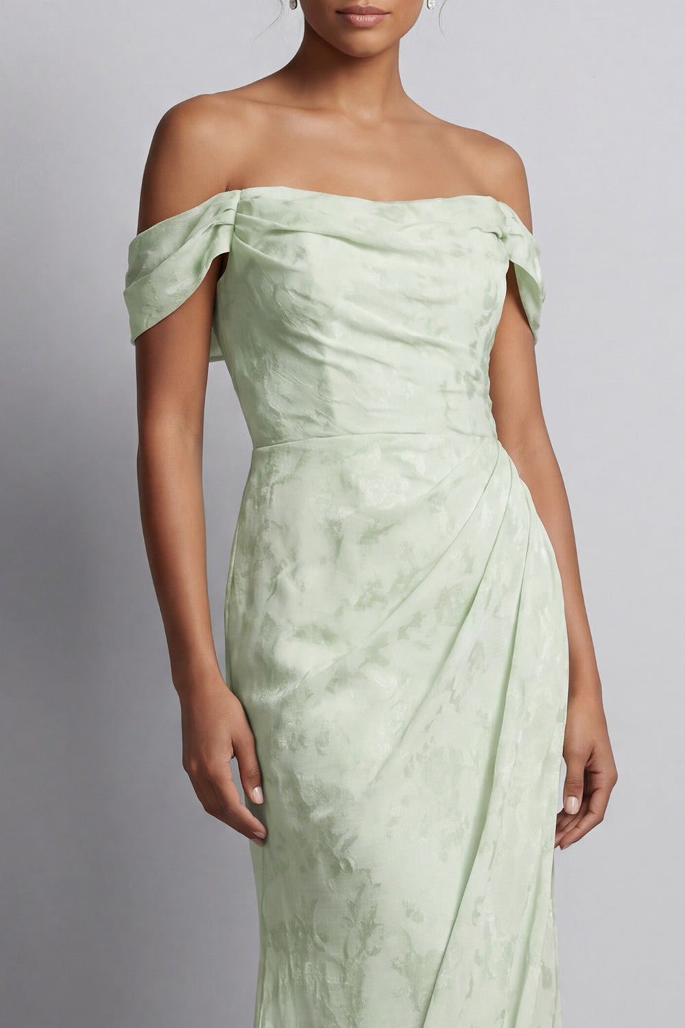Ruched Long Mermaid Light Green Floral Mother of the Bride Dress with Slit