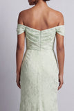 Ruched Long Mermaid Light Green Floral Mother of the Bride Dress with Slit