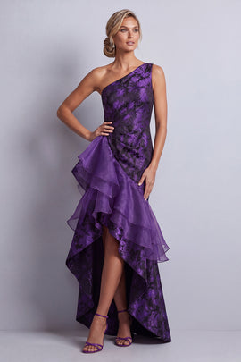 Dark Purple Floral High Low Mermaid Ruched Mother of the Bride Dress with Ruffles