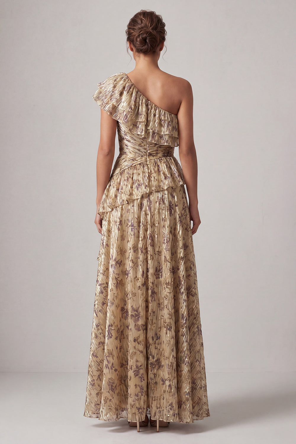Long Floral A Line Champagne Ruffled Mother of the Bride Dress with Slit