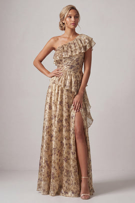 Long Floral A Line Champagne Ruffled Mother of the Bride Dress with Slit