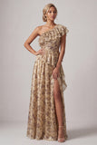 Long Floral A Line Champagne Ruffled Mother of the Bride Dress with Slit