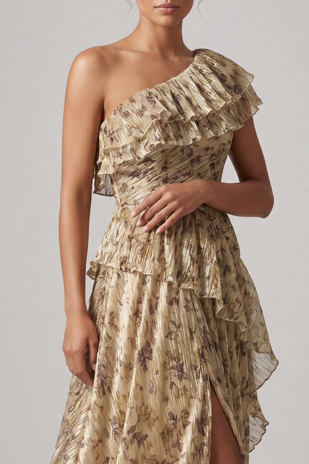 Long Floral A Line Champagne Ruffled Mother of the Bride Dress with Slit