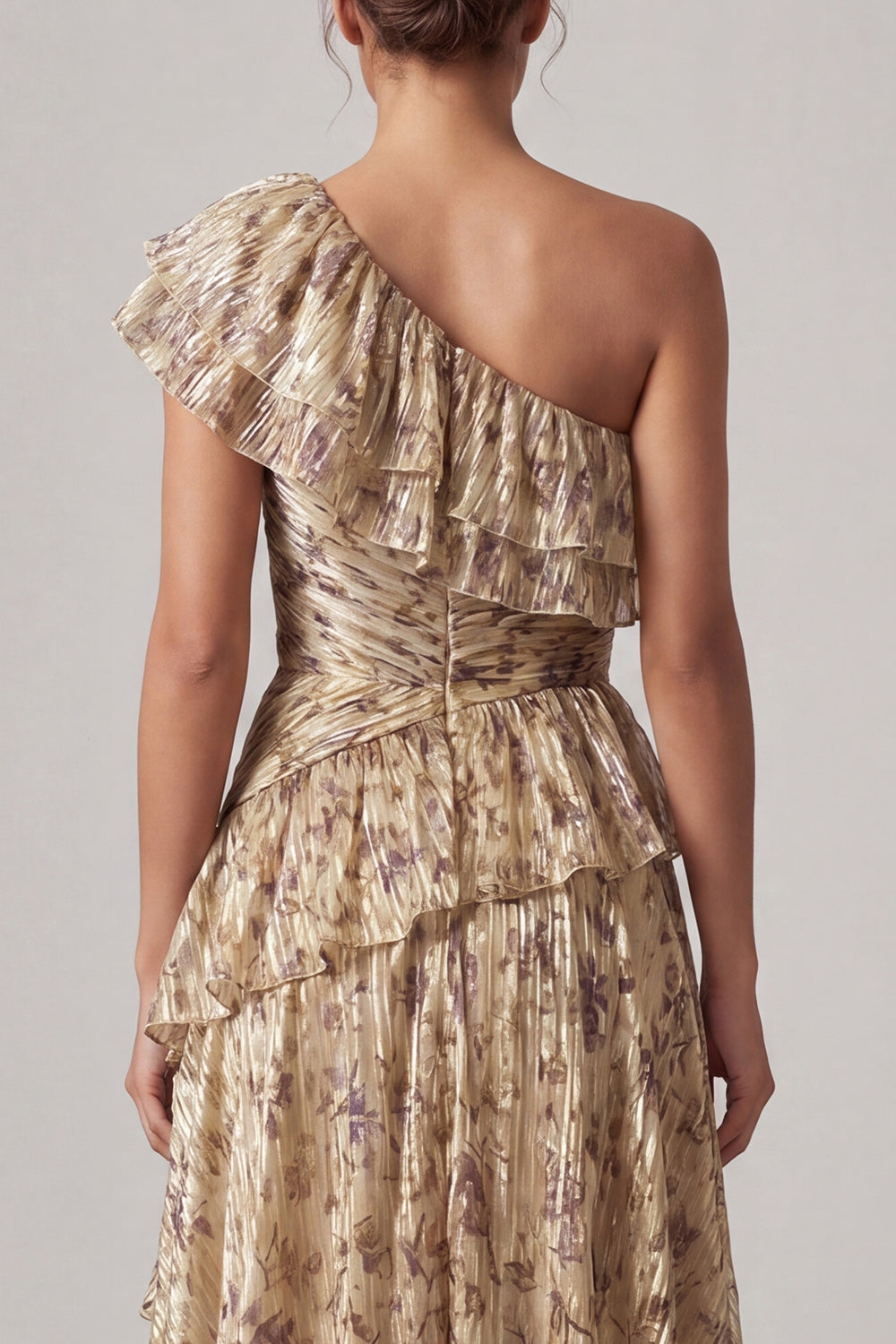 Long Floral A Line Champagne Ruffled Mother of the Bride Dress with Slit