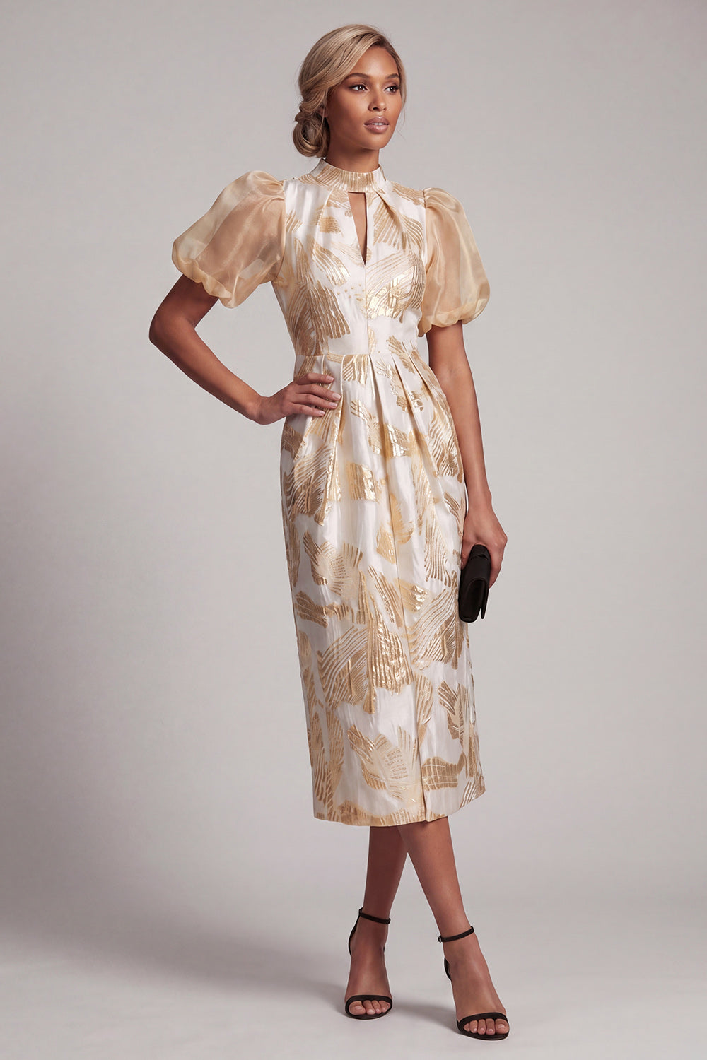 Zapaka Women Sparkly Champagne Mother of the Bride Dress with Back Slit High Neck Keyhole Puff Sleeves Floral Long Wedding Guest Dress, Champagne