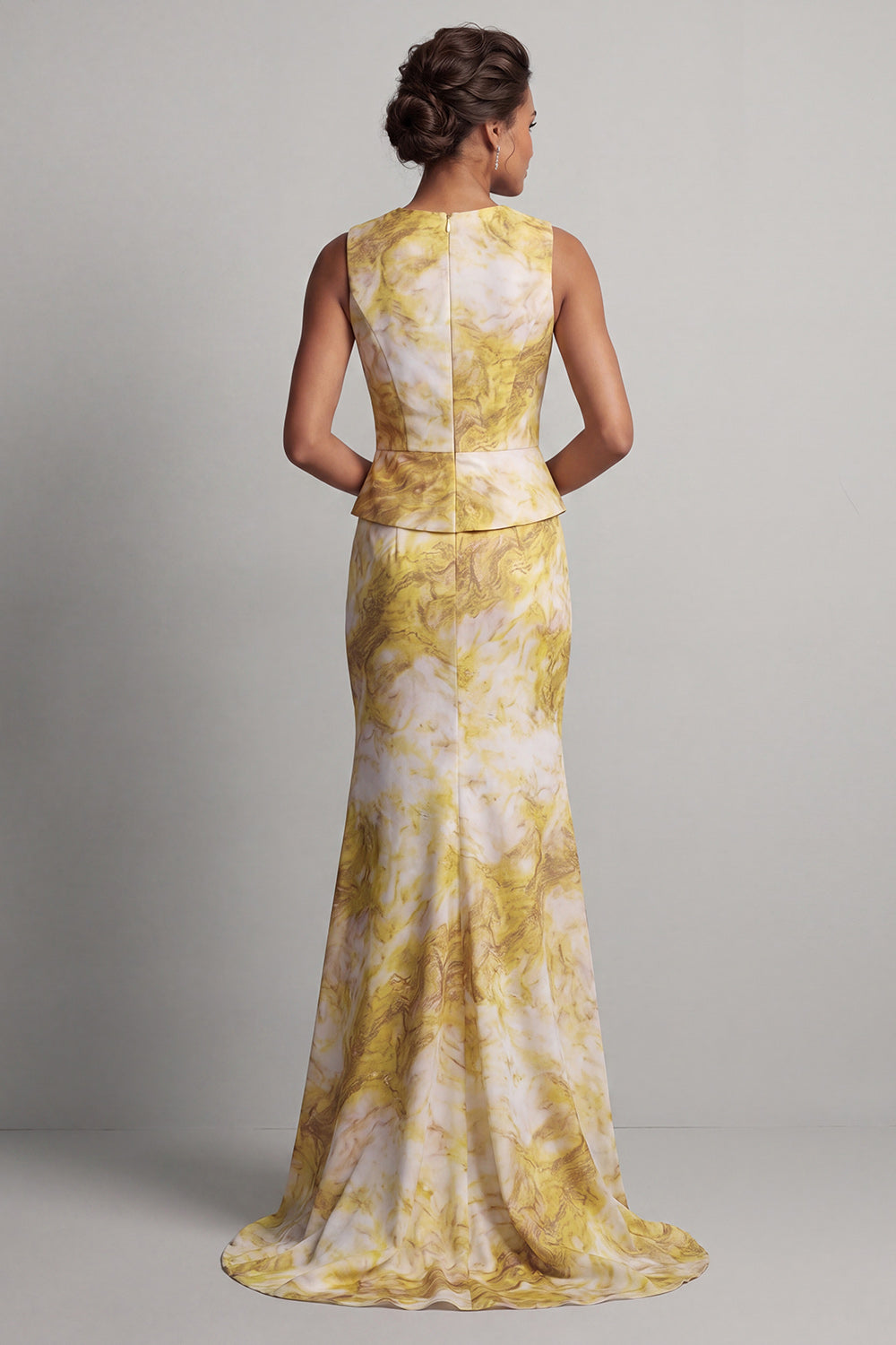 Floral Mermaid Long Printed Butter Yellow Mother of the Bride Dress with Sash