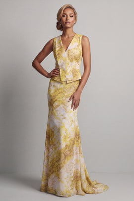 Floral Mermaid Long Printed Butter Yellow Mother of the Bride Dress with Sash