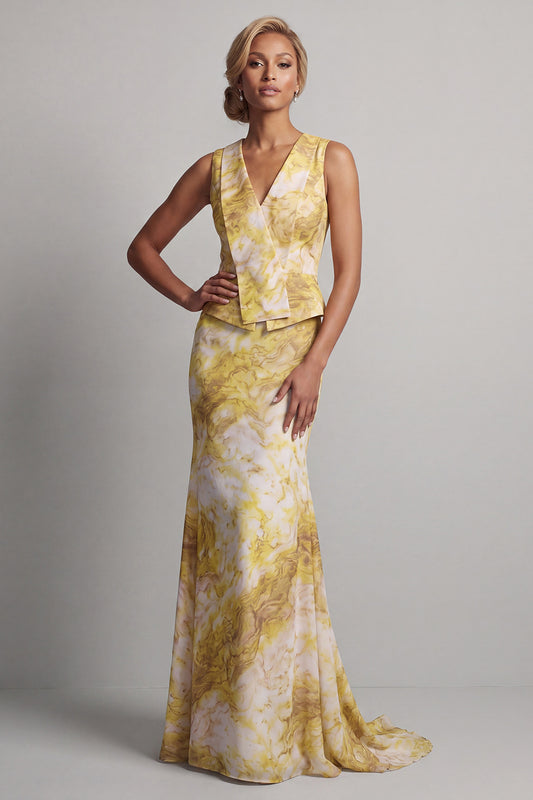 Floral Mermaid Long Printed Butter Yellow Mother of the Bride Dress with Sash