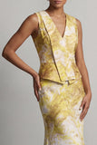 Floral Mermaid Long Printed Butter Yellow Mother of the Bride Dress with Sash