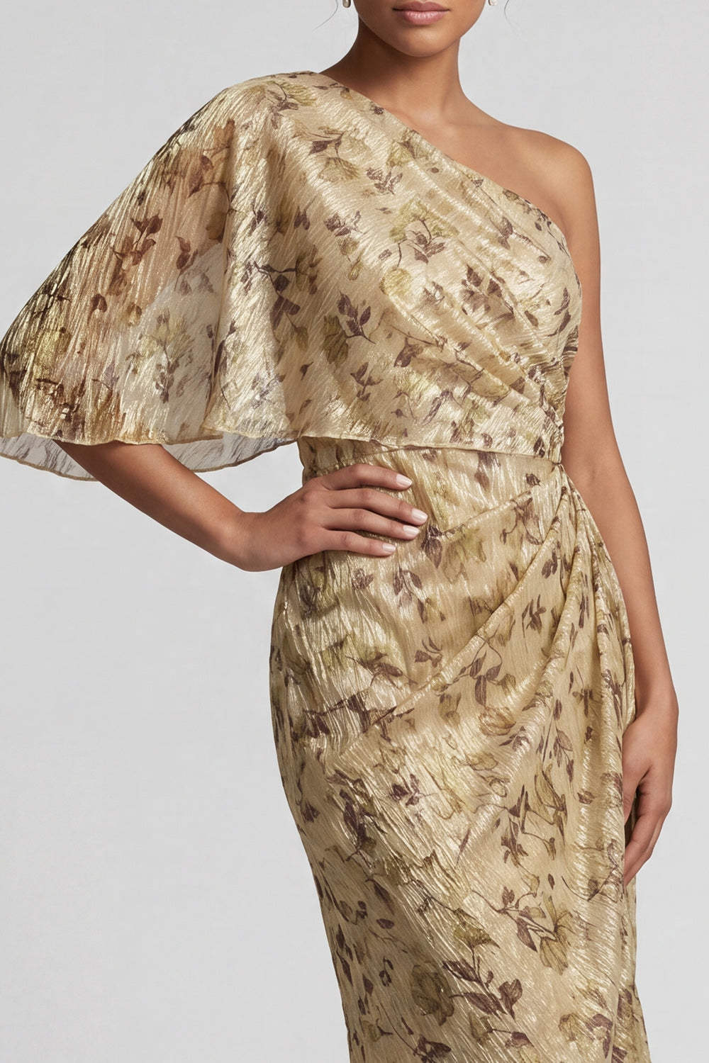 Sheath Long Floral Champagne Ruched Mother of the Bride Dress with Side Cape