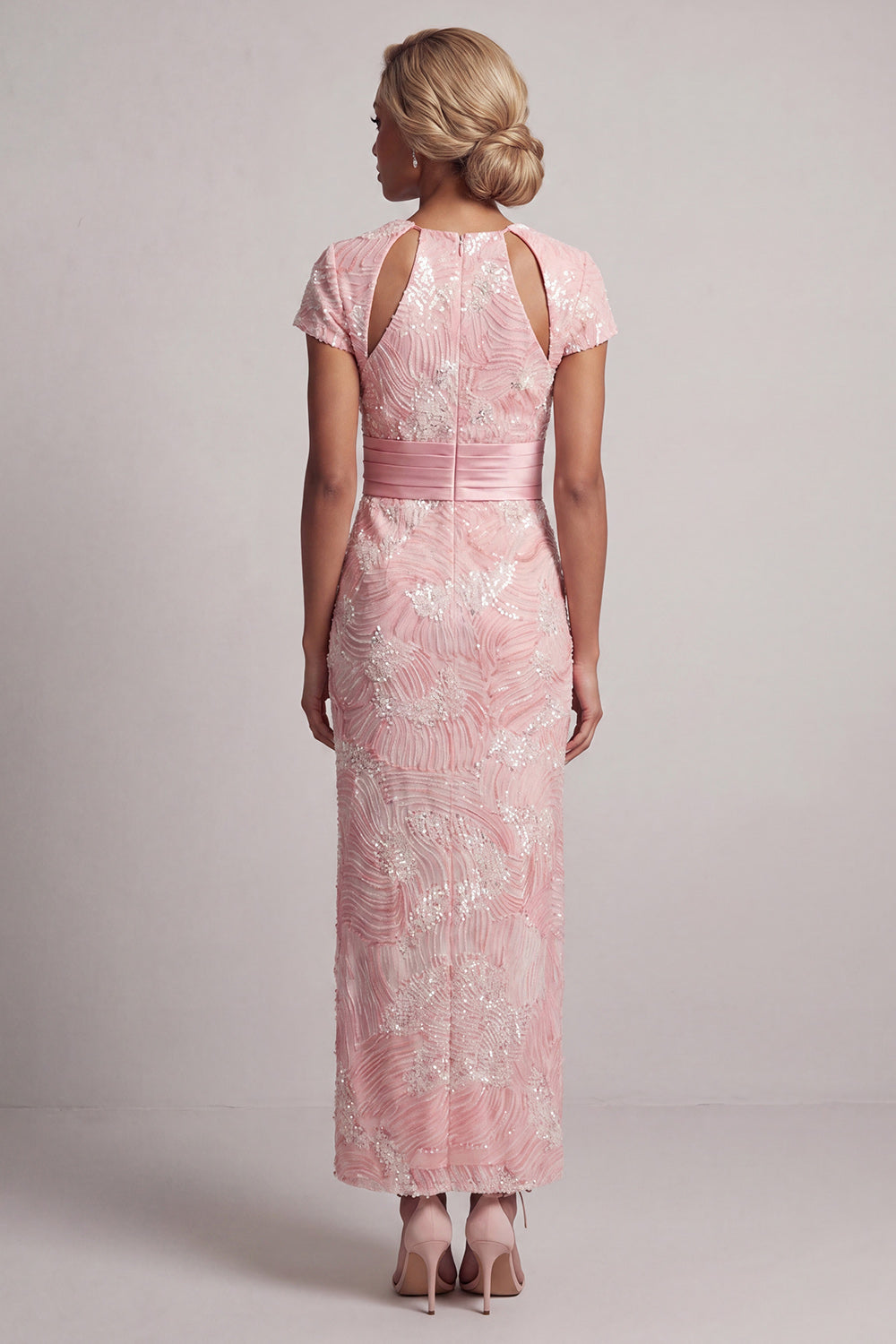 Long Sheath Short Sleeves Sparkly Blush Keyhole Beaded Mother of the Bride Dress