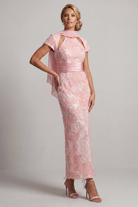 Long Sheath Short Sleeves Sparkly Blush Keyhole Beaded Mother of the Bride Dress