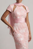 Long Sheath Short Sleeves Sparkly Blush Keyhole Beaded Mother of the Bride Dress
