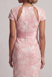 Long Sheath Short Sleeves Sparkly Blush Keyhole Beaded Mother of the Bride Dress