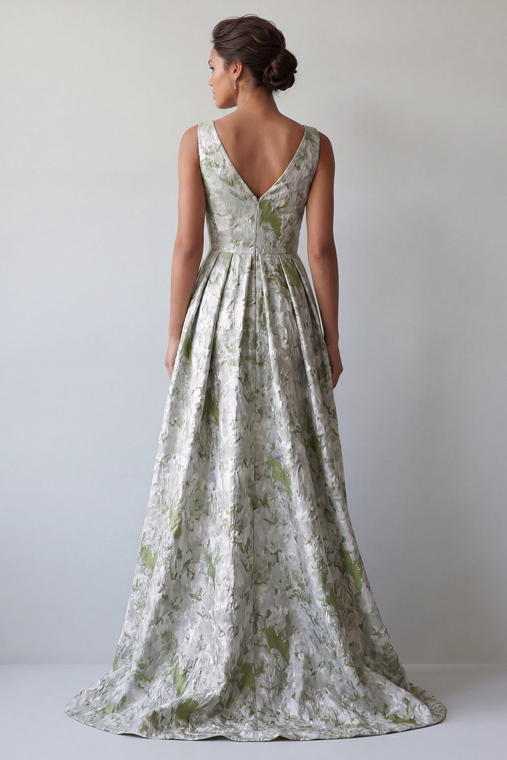 A Line Light Green Floral Long Ruched Mother of the Bride Dress with Pockets
