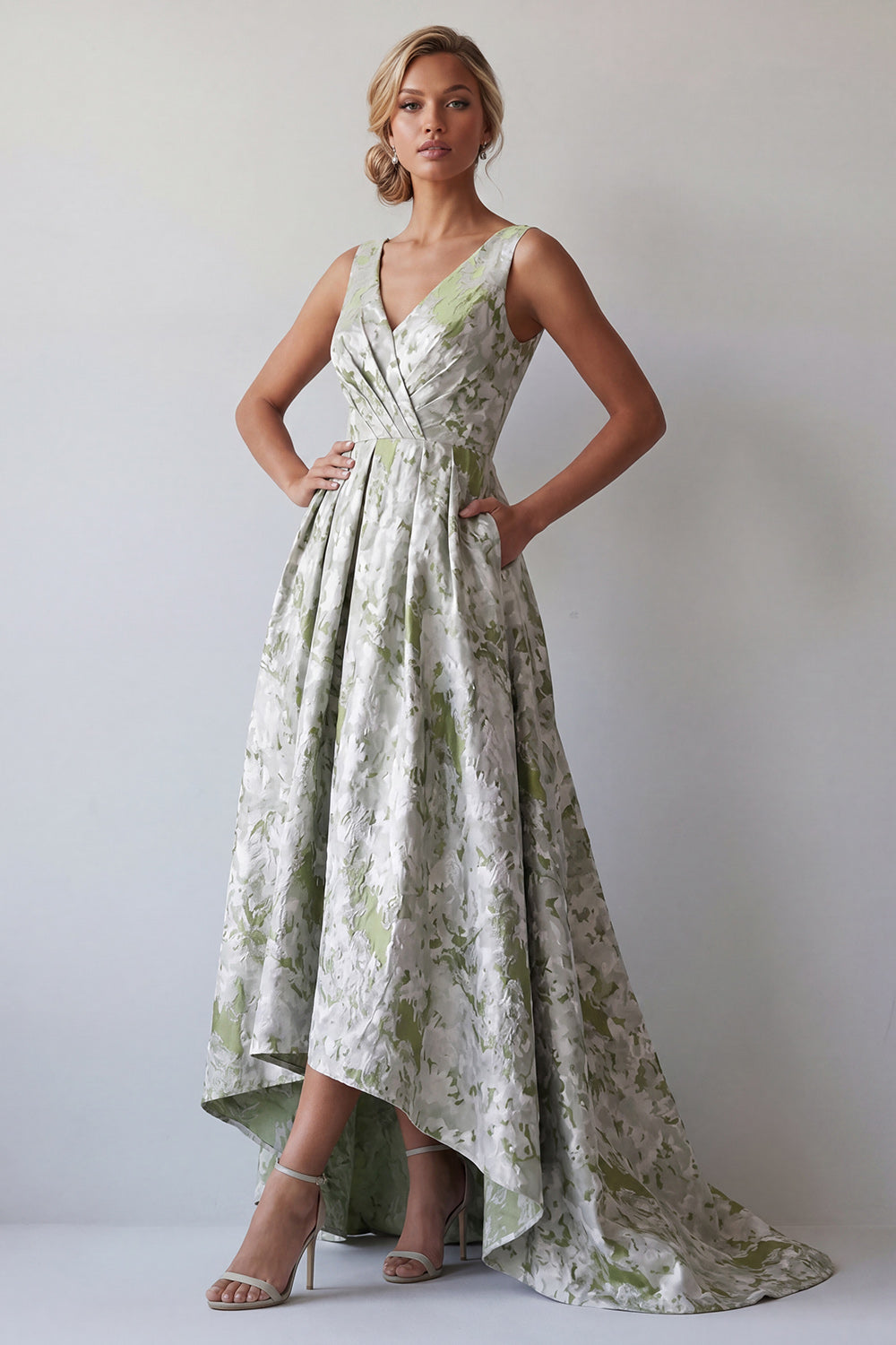 A Line Light Green Floral Long Ruched Mother of the Bride Dress with Pockets