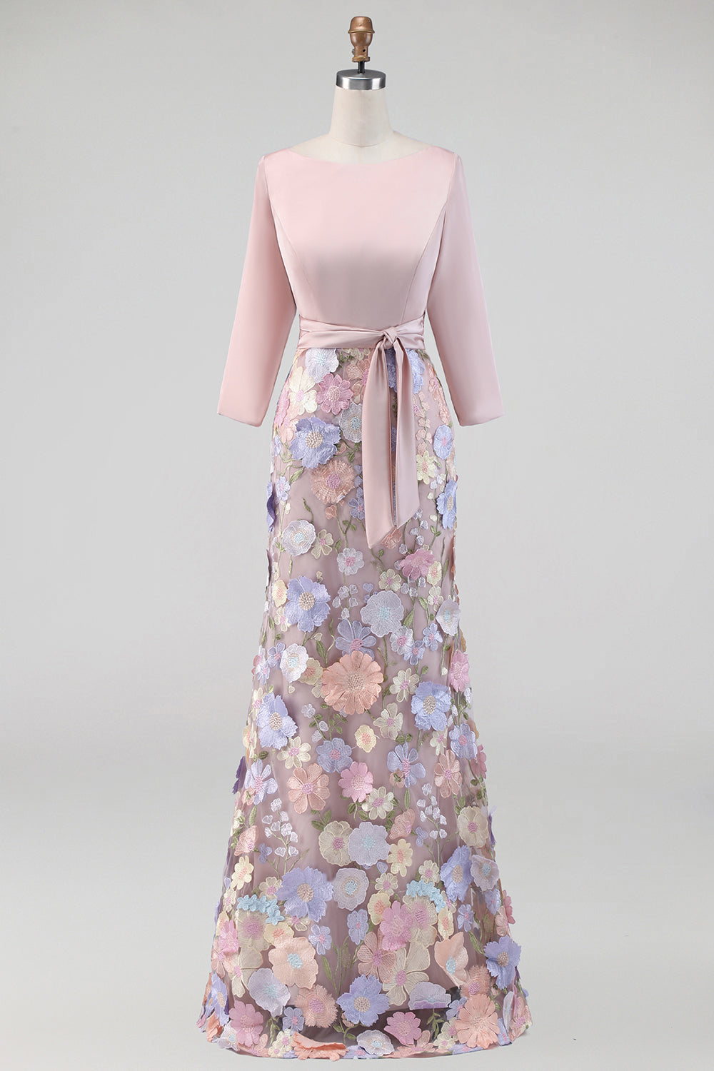 Boat Neck Blush Long Mermaid Floral Mother of the Bride Dress with Pockets