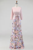 Boat Neck Blush Long Mermaid Floral Mother of the Bride Dress with Pockets