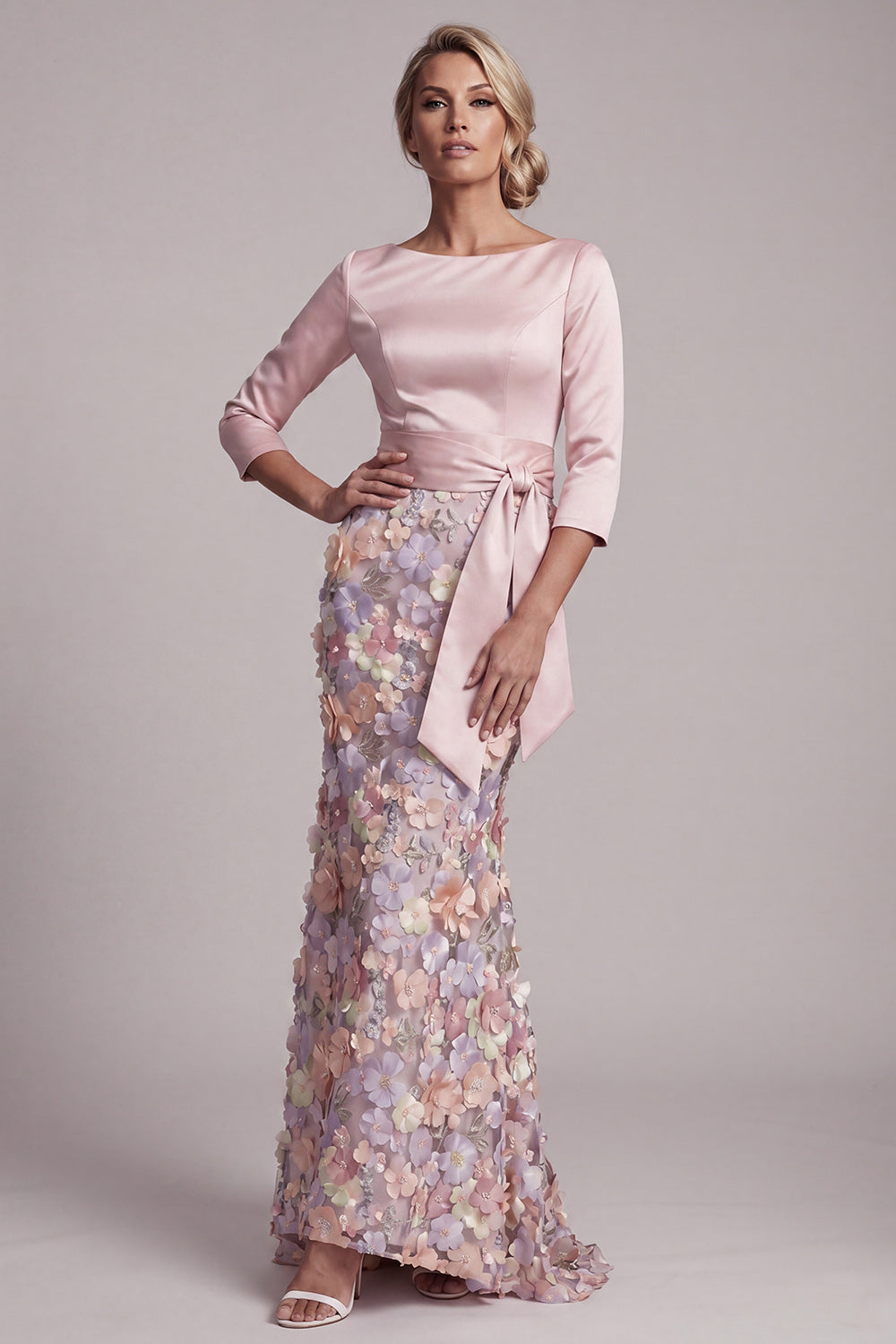 Boat Neck Blush Long Mermaid Floral Mother of the Bride Dress with Pockets