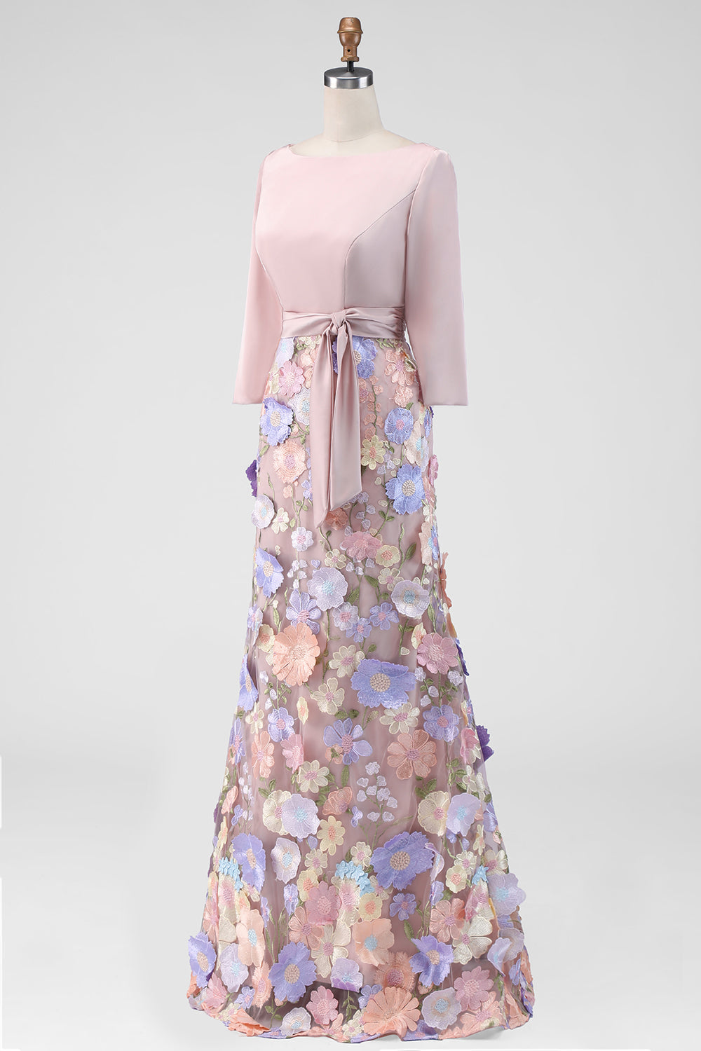 Boat Neck Blush Long Mermaid Floral Mother of the Bride Dress with Pockets