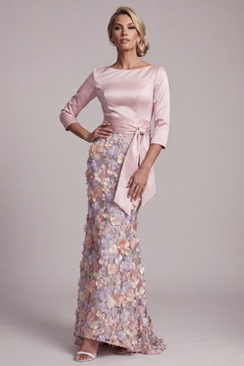 Boat Neck Blush Long Mermaid Floral Mother of the Bride Dress with Pockets