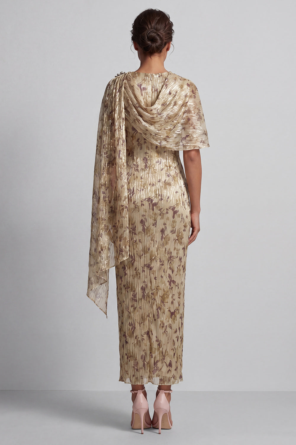 Champagne Beaded Sheath Long Floral Mother of the Bride Dress with Cape