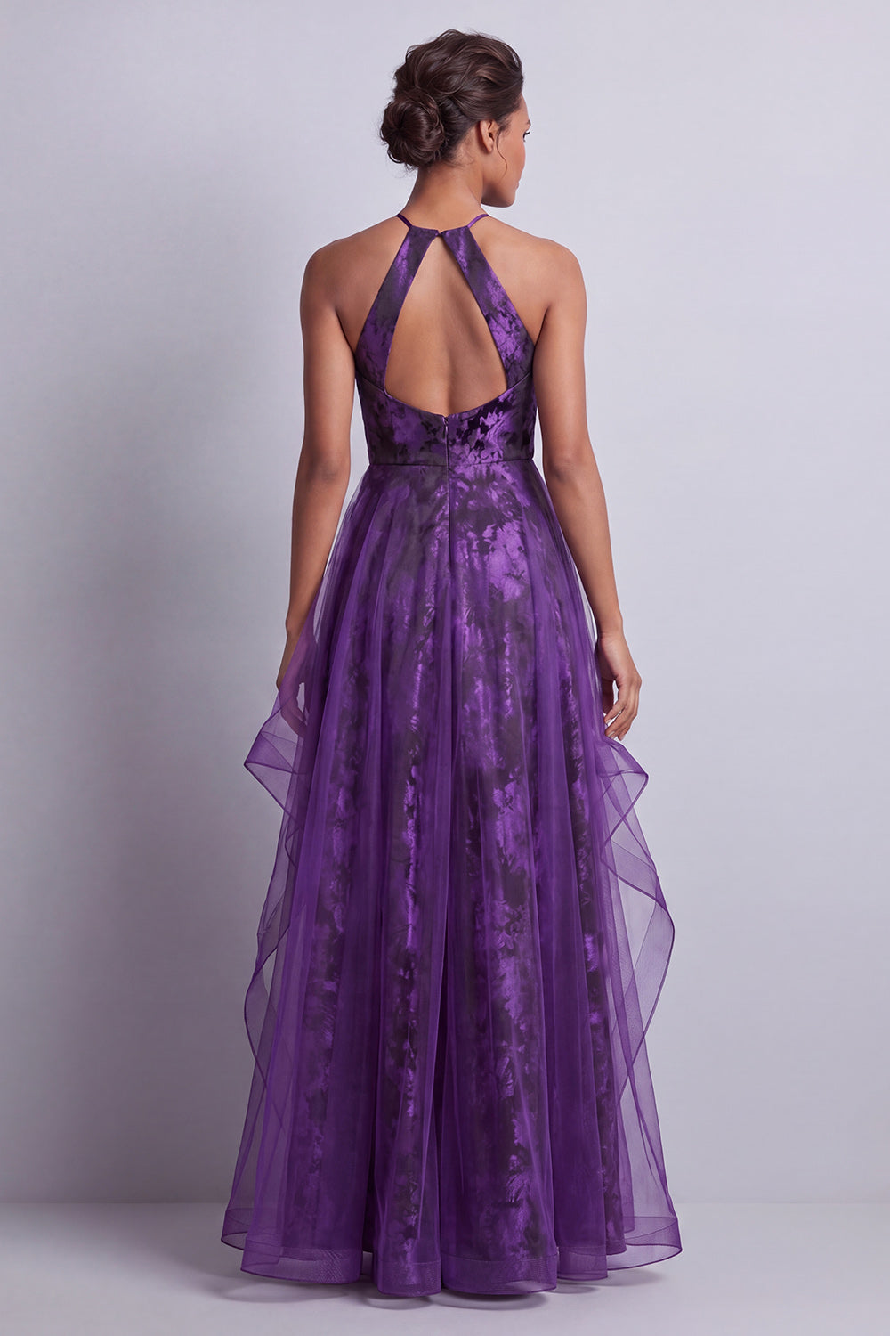 Zapakasa Women Dark Purple Floral Long Mother of the Bride Dress with  Ruffles A Line Halter Wedding Guest Dress