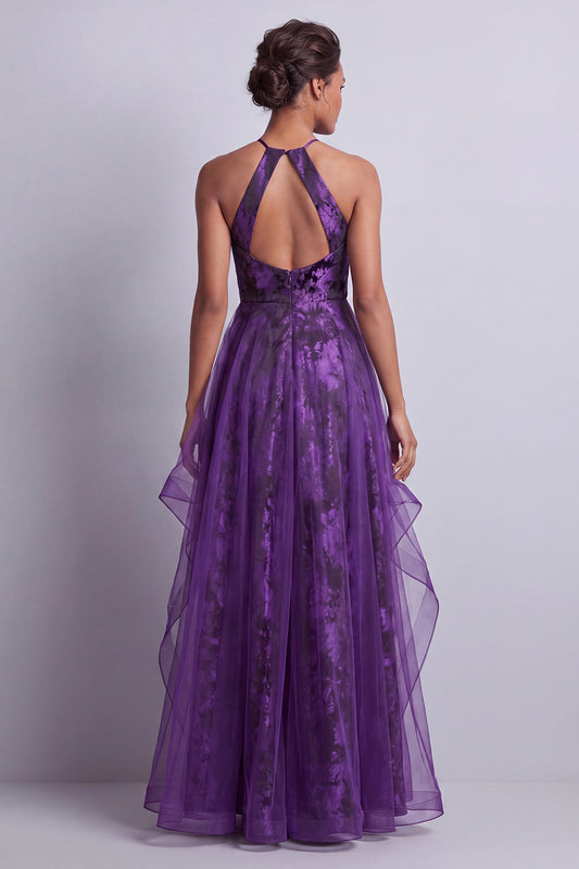 Halter Dark Purple Floral Long A Line Mother of the Bride Dress with Ruffles