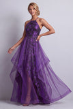 Halter Dark Purple Floral Long A Line Mother of the Bride Dress with Ruffles