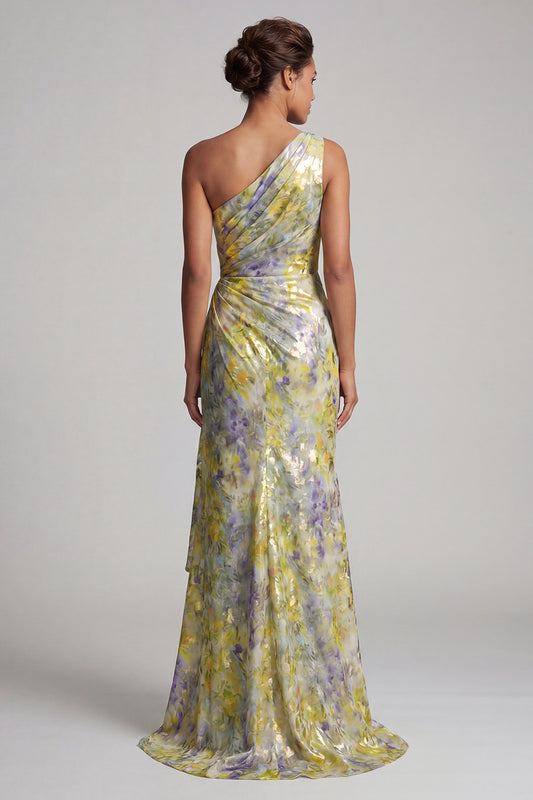 One Shoulder Butter Yellow Floral Mermaid Long Printed Mother of the Bride Dress
