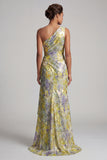 One Shoulder Butter Yellow Floral Mermaid Long Printed Mother of the Bride Dress