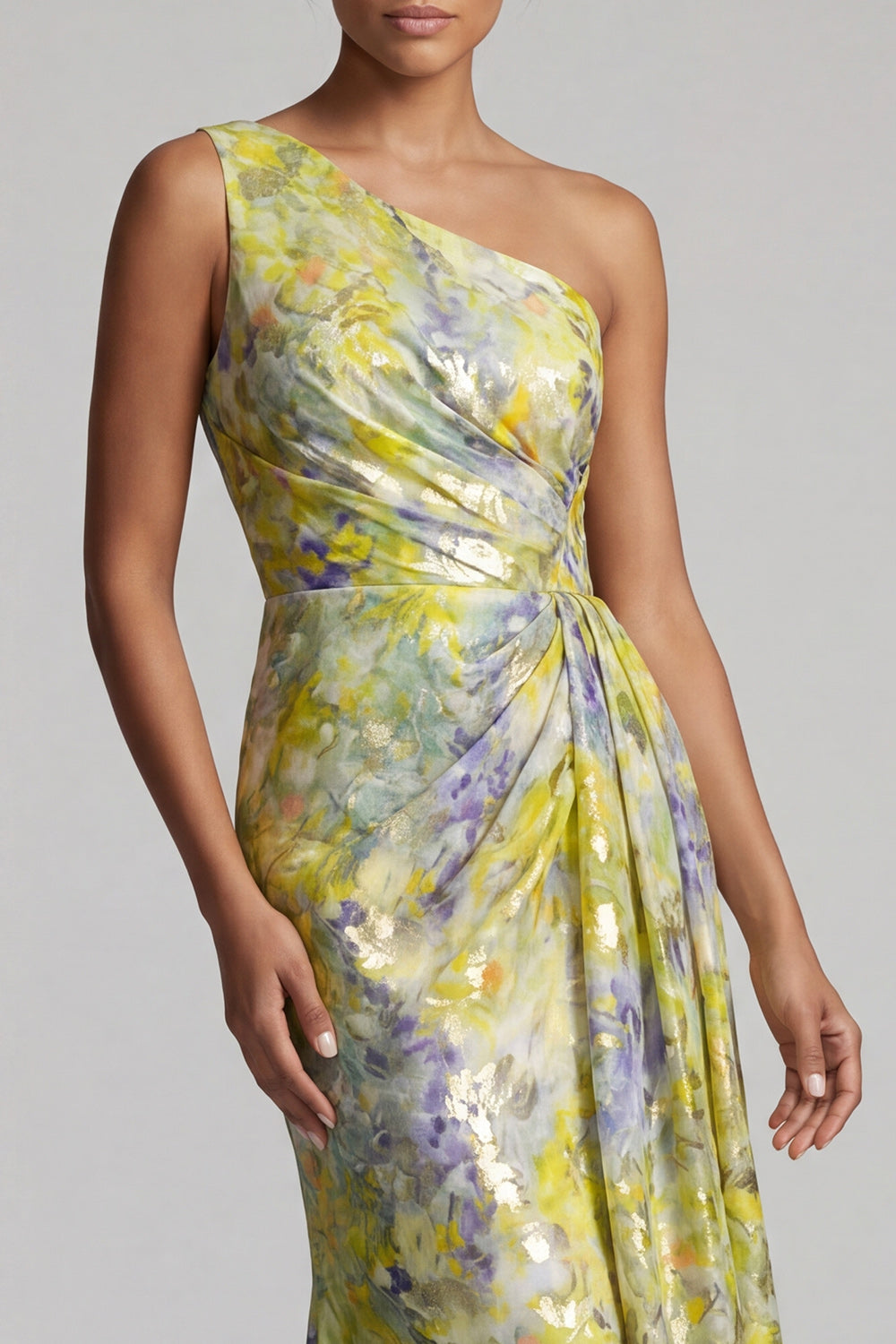 One Shoulder Butter Yellow Floral Mermaid Long Printed Mother of the Bride Dress