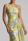 One Shoulder Butter Yellow Floral Mermaid Long Printed Mother of the Bride Dress
