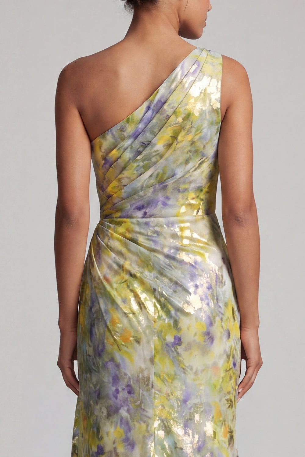 One Shoulder Butter Yellow Floral Mermaid Long Printed Mother of the Bride Dress