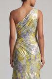 One Shoulder Butter Yellow Floral Mermaid Long Printed Mother of the Bride Dress
