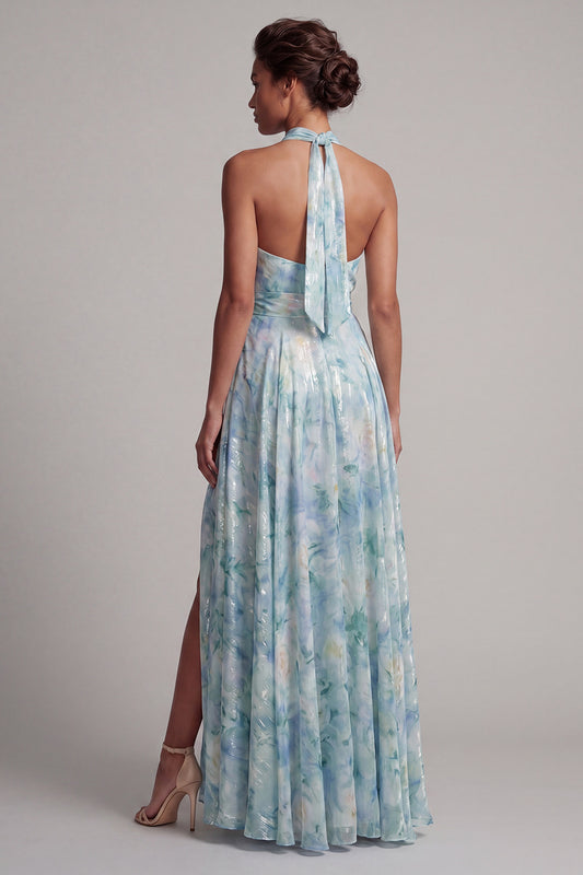 Keyhole A Line Light Green Floral Long Mother of the Bride Dress with Pockets